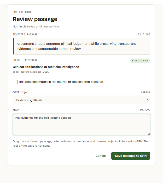GRN Waypoint passage review showing selected text, source provenance, project and Save passage to GRN button