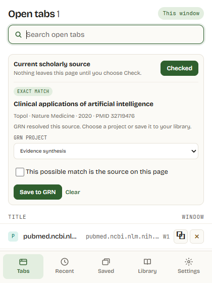 GRN Waypoint showing a verified scholarly source and Save to GRN action