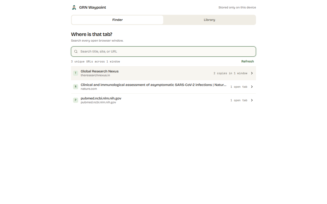 GRN Waypoint Finder showing grouped research tabs across browser windows